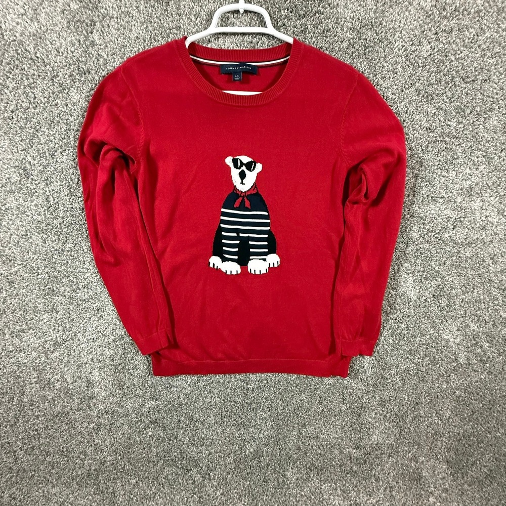 Tommy Hilfiger Red Cotton Dog Graphic Crewneck Sweater Large